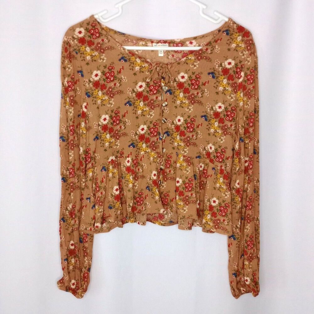 Self Esteem Floral Rayon Blouse Long Sleeve Button Front Peplum NWT Womens Med